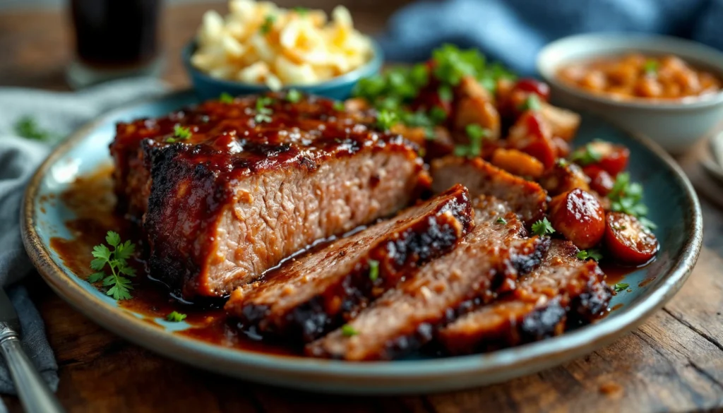 Smoked brisket served with coleslaw and baked beans on a rustic table, showcasing the final result of a Traeger recipes.