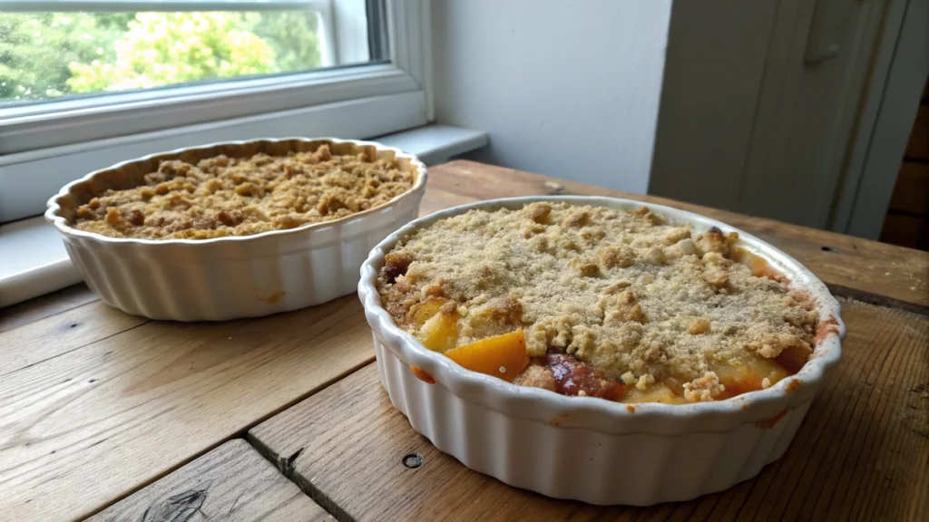 Difference between peach crumble and peach crisp, showcasing a peach crumble with a soft buttery topping and a peach crisp with a crunchy oat topping, side by side on a rustic table.