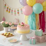 A beautifully decorated gender reveal cake with pastel pink and blue frosting, topped with a "Boy or Girl?" sign, surrounded by balloons and confetti.