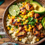 Top view of Street Corn Chicken Rice Bowl with grilled chicken, creamy corn, and cilantro lime rice