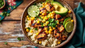 Top view of Street Corn Chicken Rice Bowl with grilled chicken, creamy corn, and cilantro lime rice