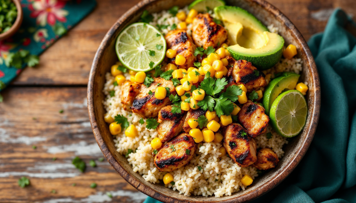 Top view of Street Corn Chicken Rice Bowl with grilled chicken, creamy corn, and cilantro lime rice