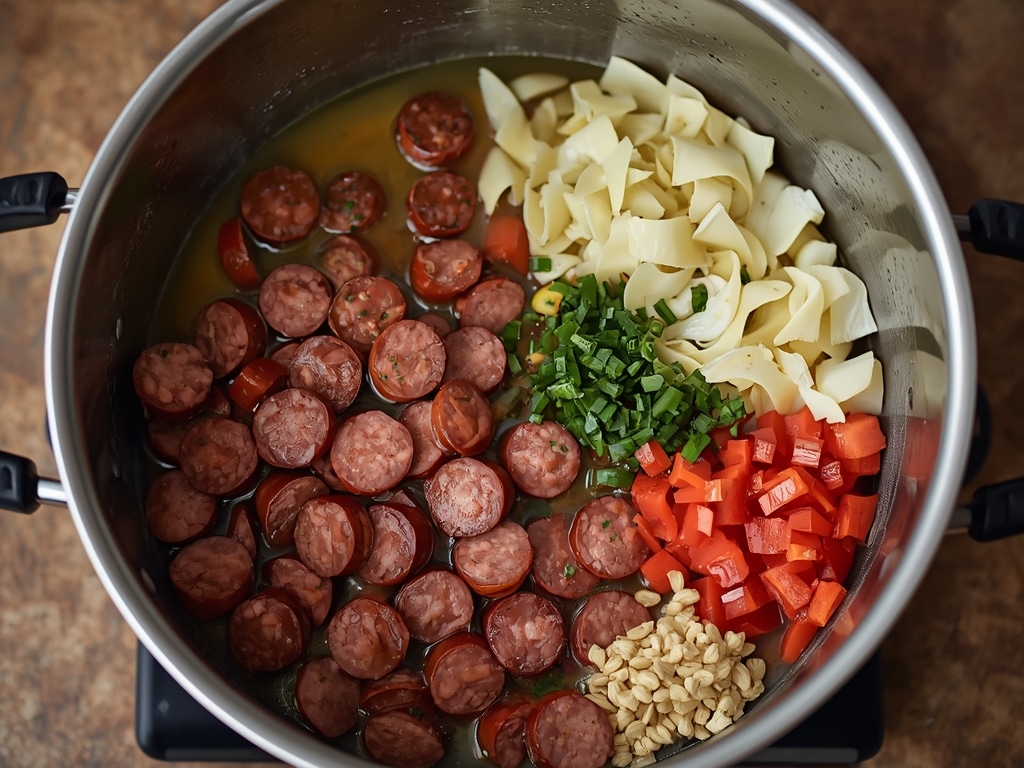 one pot creamy cajun sausage pasta - Process or ingredients