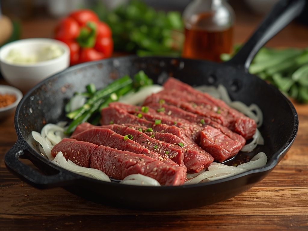 sizzling chinese pepper steak with onions - Process or ingredients