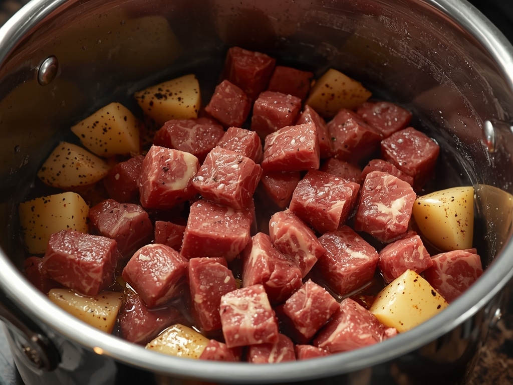 garlic butter beef bites with potatoes - Process or ingredients