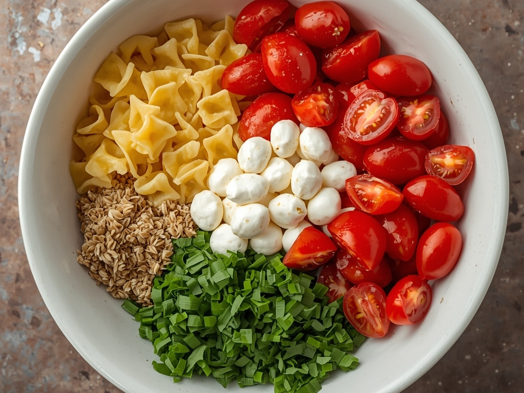 creamy caprese pasta salad - Process or ingredients