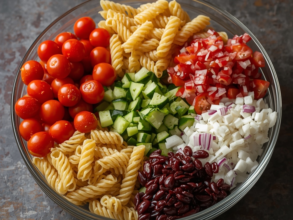 Greek Pasta Salad: The BEST Easy Recipe EVER! 2 greek pasta salad - Process or ingredients