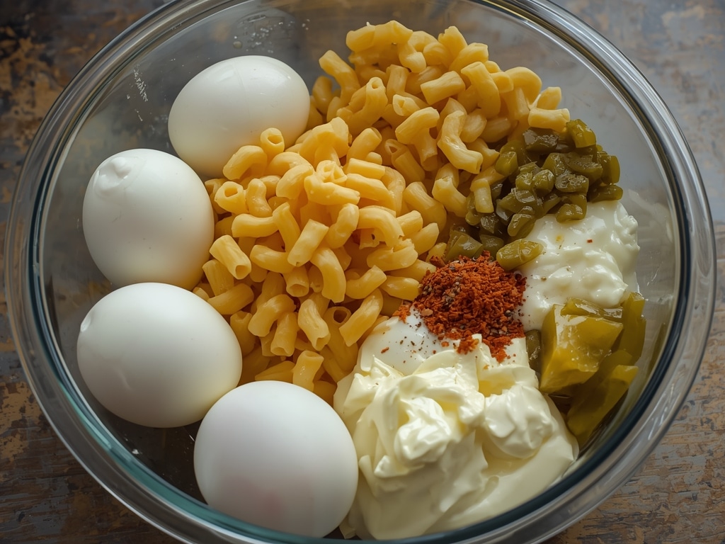 Deviled Egg Macaroni Salad: The BEST Easy Recipe EVER! 2 deviled egg macaroni salad - Process or ingredients