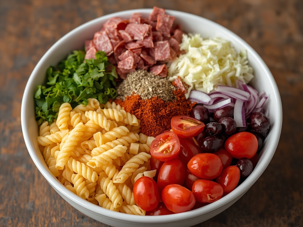 Italian Grinder Pasta Salad: The BEST, Easiest Recipe! 2 italian grinder pasta salad - Process or ingredients