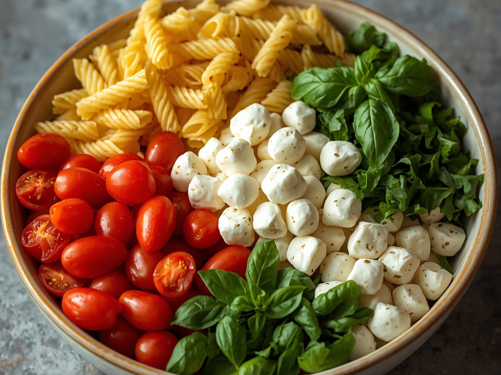 colorful caprese pasta salad - Process or ingredients
