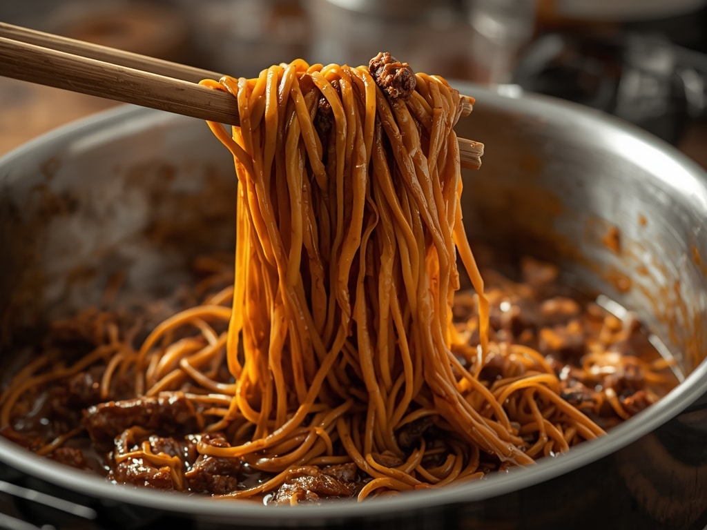 sticky beef noodles - Detail or variation